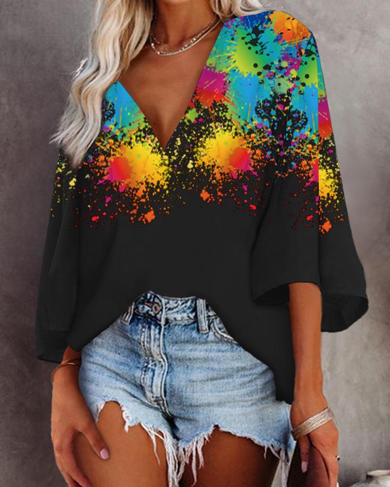 

Ink Splash Print V-neck Batwing Sleeve Top, Black