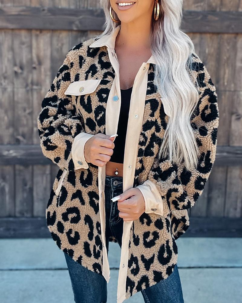 

Cheetah Print Button Pocket Decor Teddy Coat, Dark brown