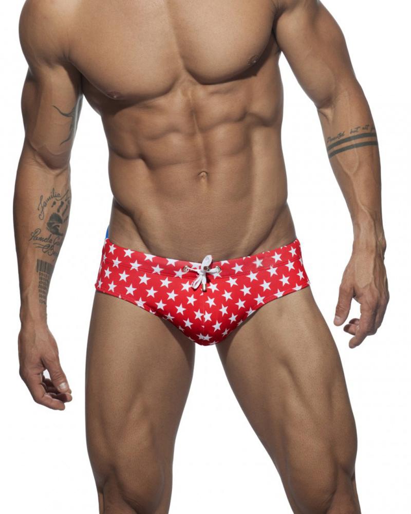 

Color Block Splicing Star Print Skinny Swim Underpants, Red