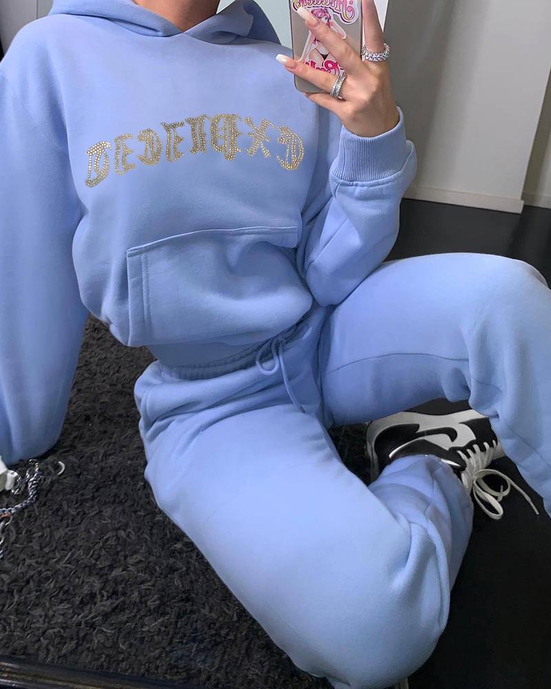 

Letter Print Long Sleeve Hooded Women Top & Pants Set, Lighted blue
