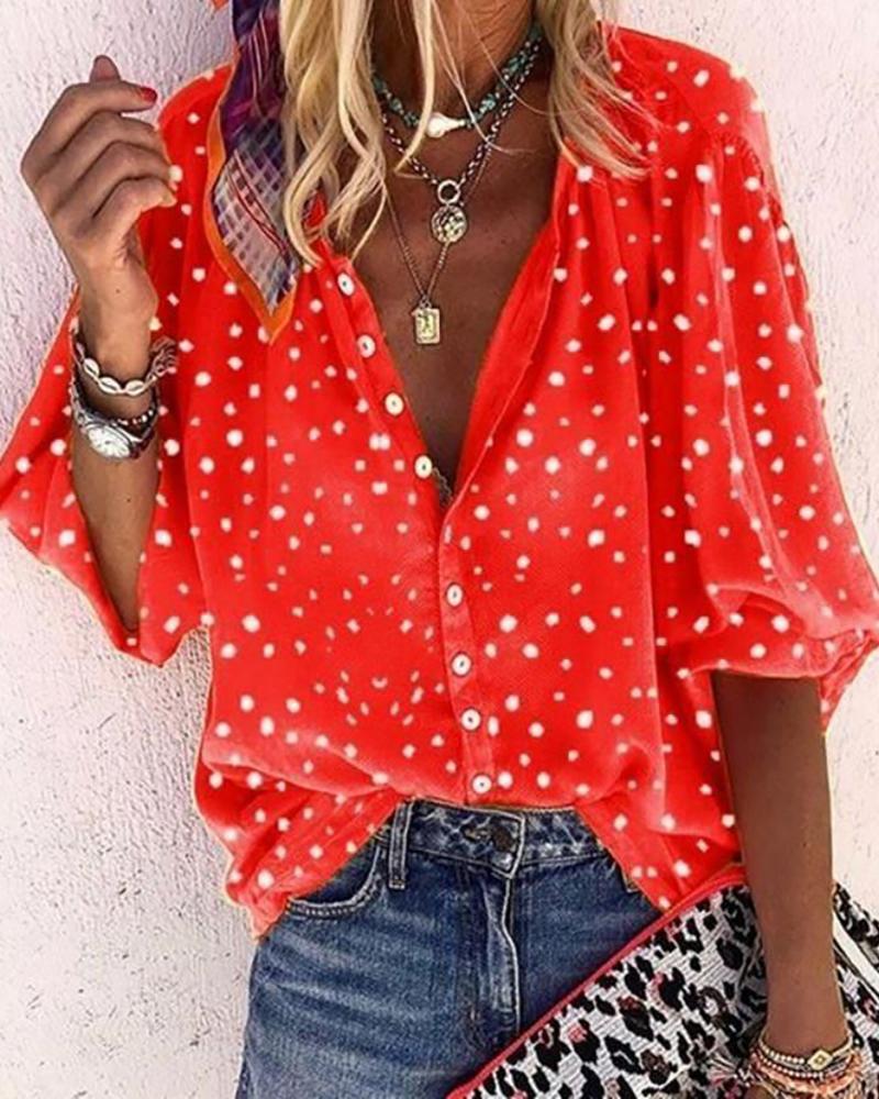 

V Neck All Over Print Button Design Top, Red