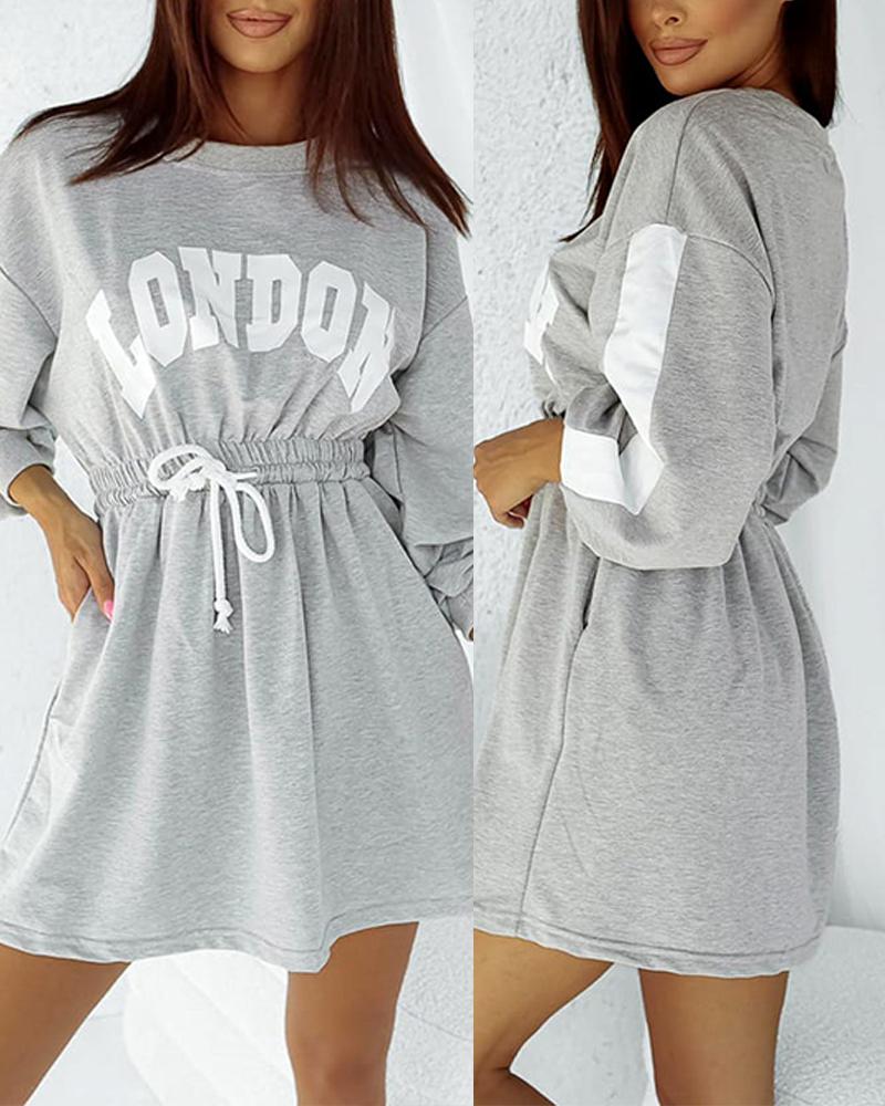 

Letter Print Drawstring Lantern Sleeve Casual Dress, Gray