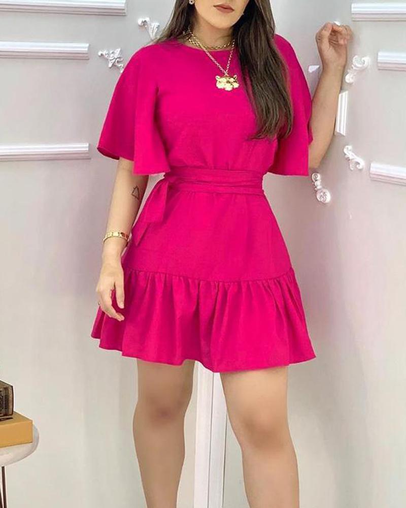 

Ruffles Ruched Half Sleeve Casual Dress, Hot pink