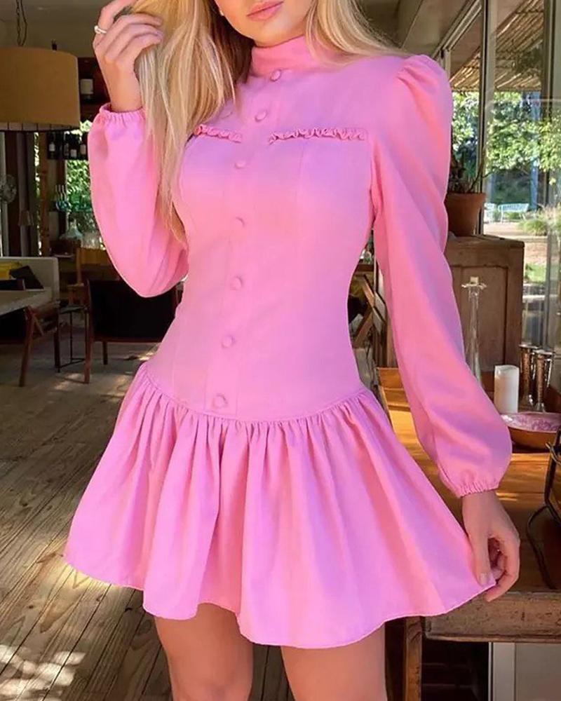 

Mock Neck Lantern Sleeve Frill Hem Button Up Casual Dress, Pink
