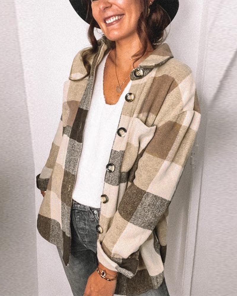 

Plaid Print Long Sleeve Button Down Shacket, Khaki