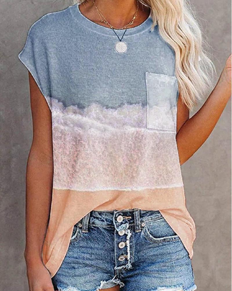 

Round Neck Short Sleeve Graphic Print T-shirt, Blue