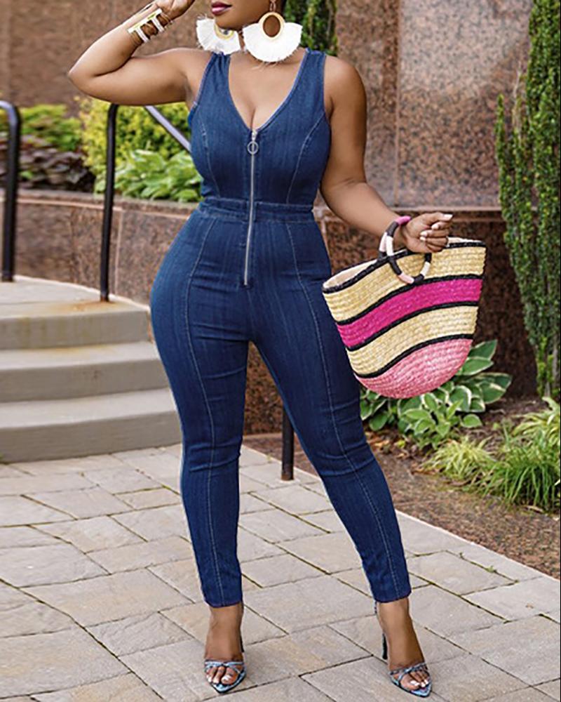 

Sleeveless Zipper Front Skinny Denim Jumpsuit, Blue