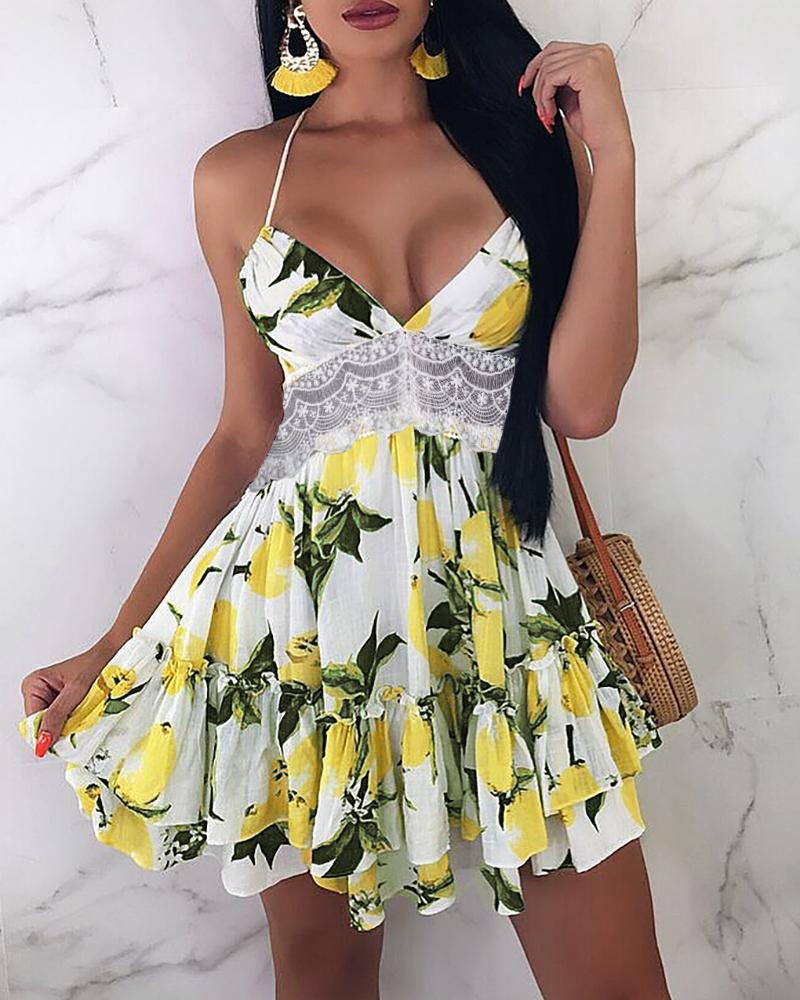 

Fruit Leaf Print Lace Insert Tassel Backless Skater Dress, Yellow