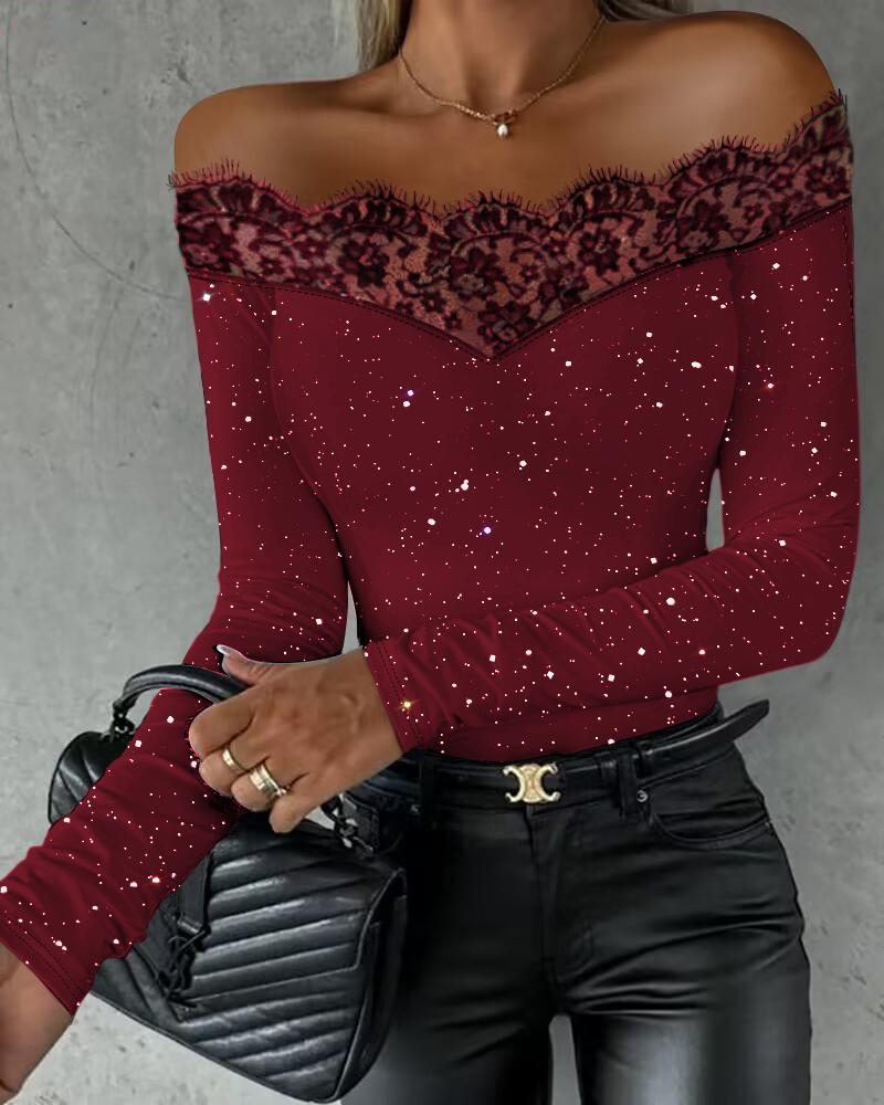 

Glitter Off Shoulder Eyelash Lace Patch Top, Wine red