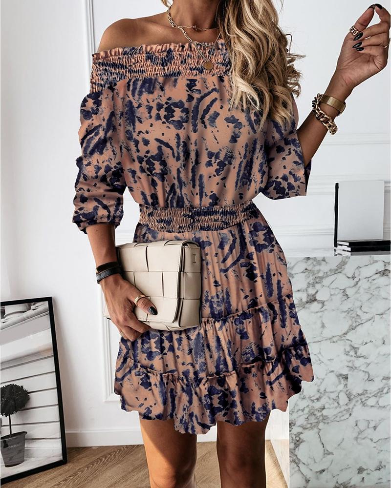 

Tie Dye Print Off Shoulder Frill Hem Ruched Dress, Brown