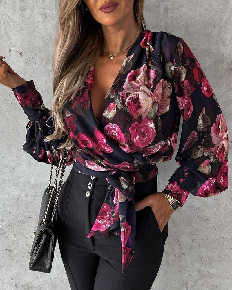 

Floral Print Tied Detail Wrap Top, Black