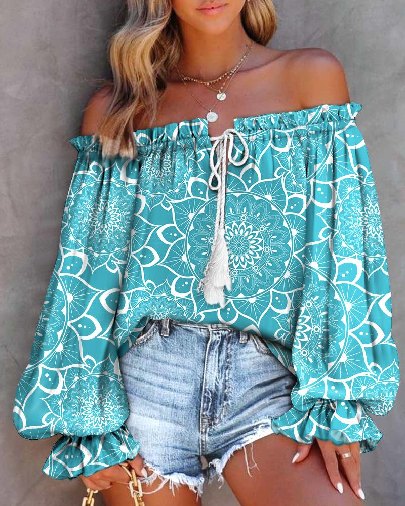 

Tribal Print Off Shoulder Lantern Sleeve Top, Green