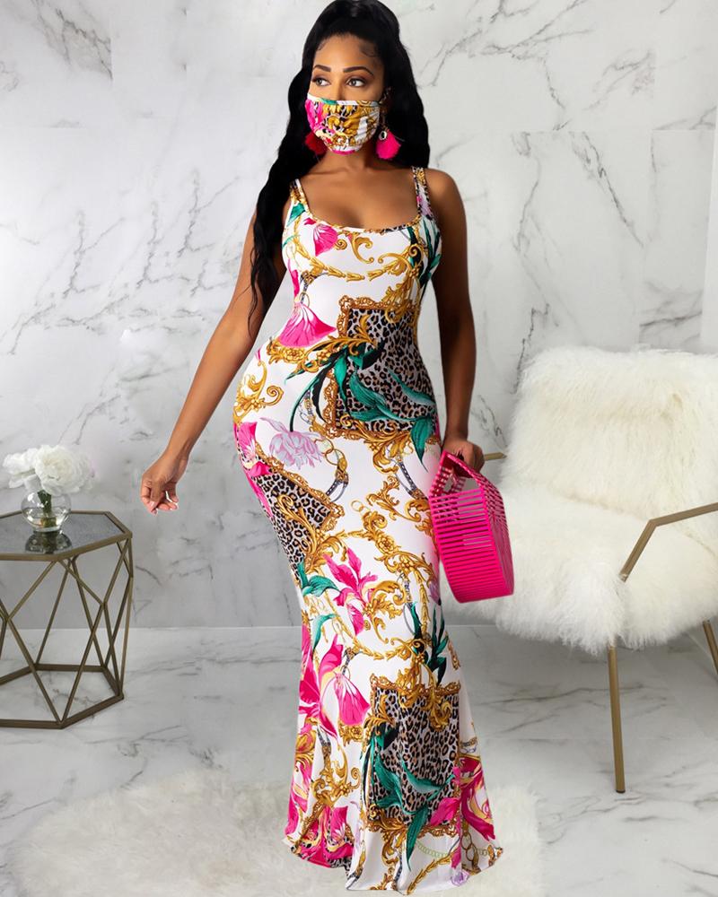 

Mixed Print Thick Strap Maxi Dress, White