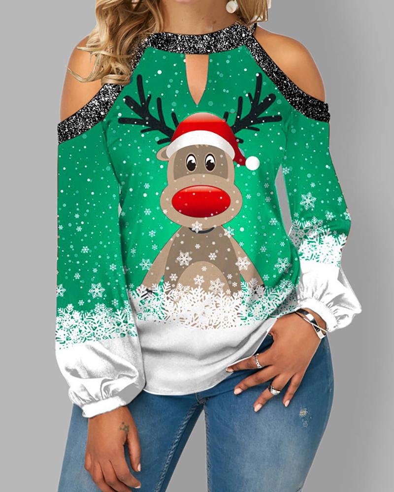 

Christmas Elk Snowflake Print Cold Shoulder Cutout Top, Green