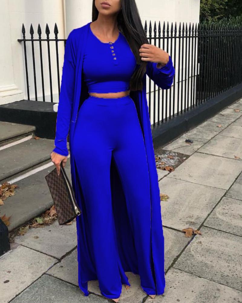 

3PCS Crop Top & Pants Set With Longline Coat, Blue