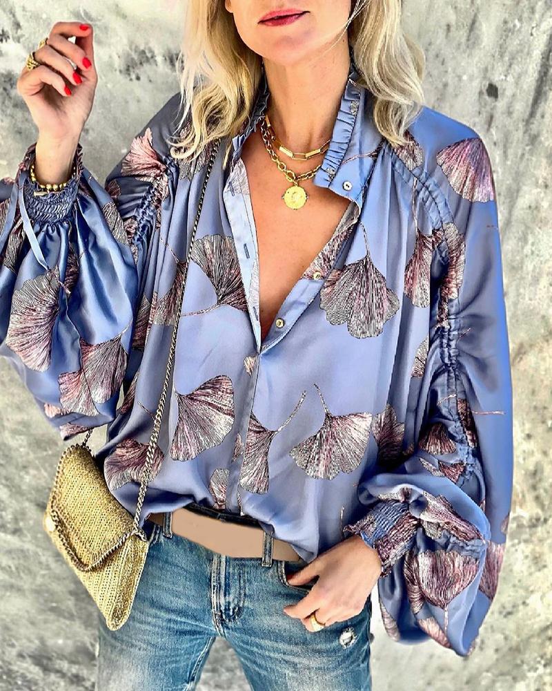 

Ginkgo Leaf Print Satin Lantern Sleeve Top, Blue