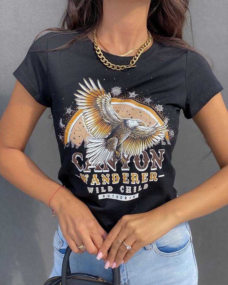 

Eagle Pattern Letter Print Short Sleeve Tee, Black