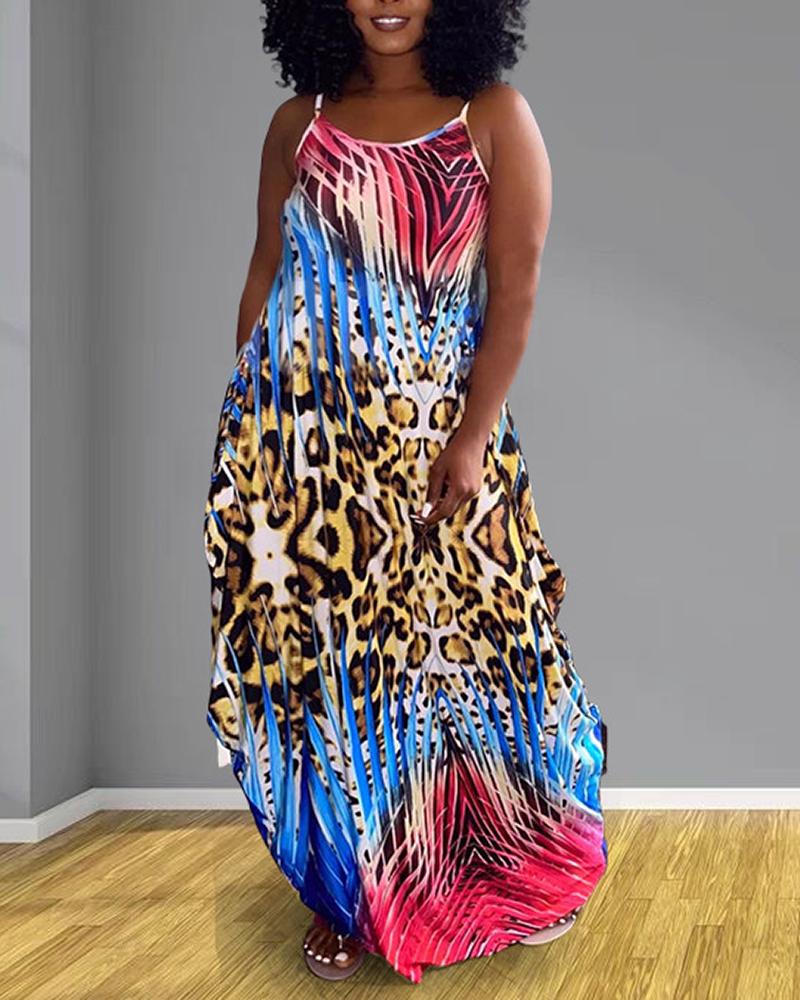 

Cheetah Plants Print U Neck Maxi Dress, Blue