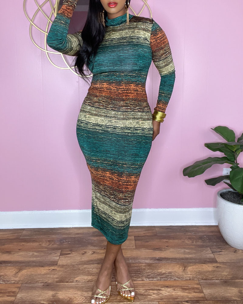 

Abstract Print Long Sleeve Retro Bodycon Dress, Green
