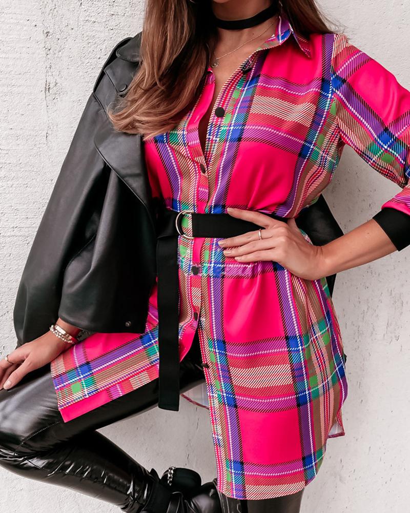 

Plaid Print Button Design Shirt Dress, Hot pink