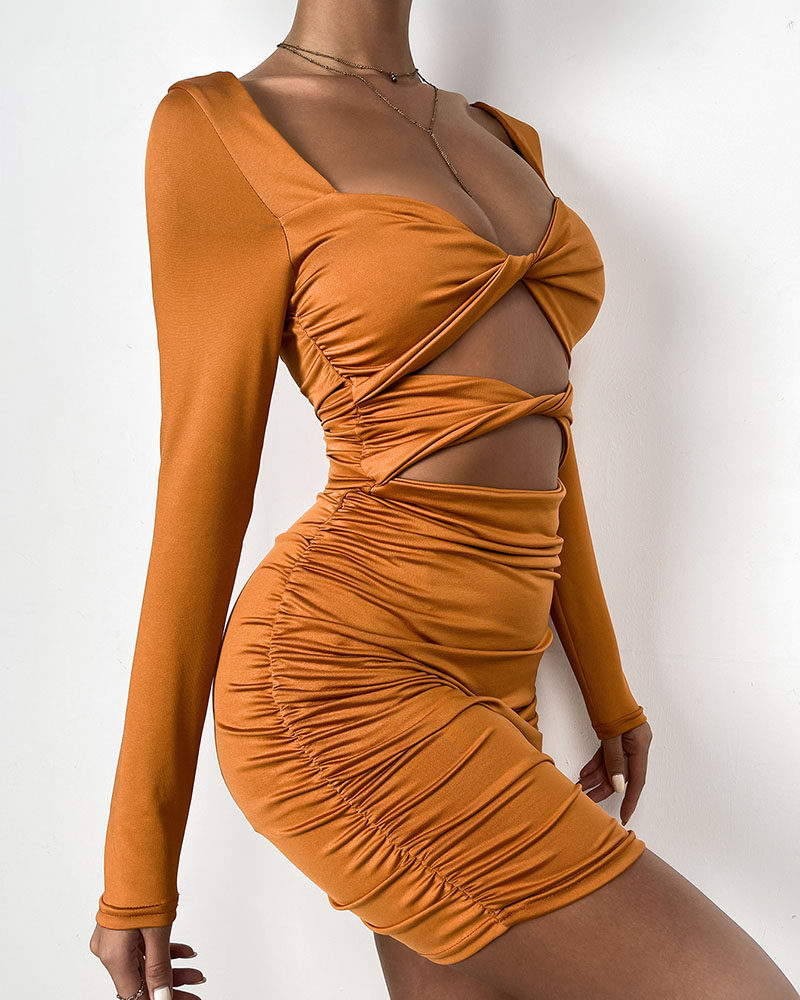

Twisted Long Sleeve Cutout Ruched Bodycon Dress, Orange