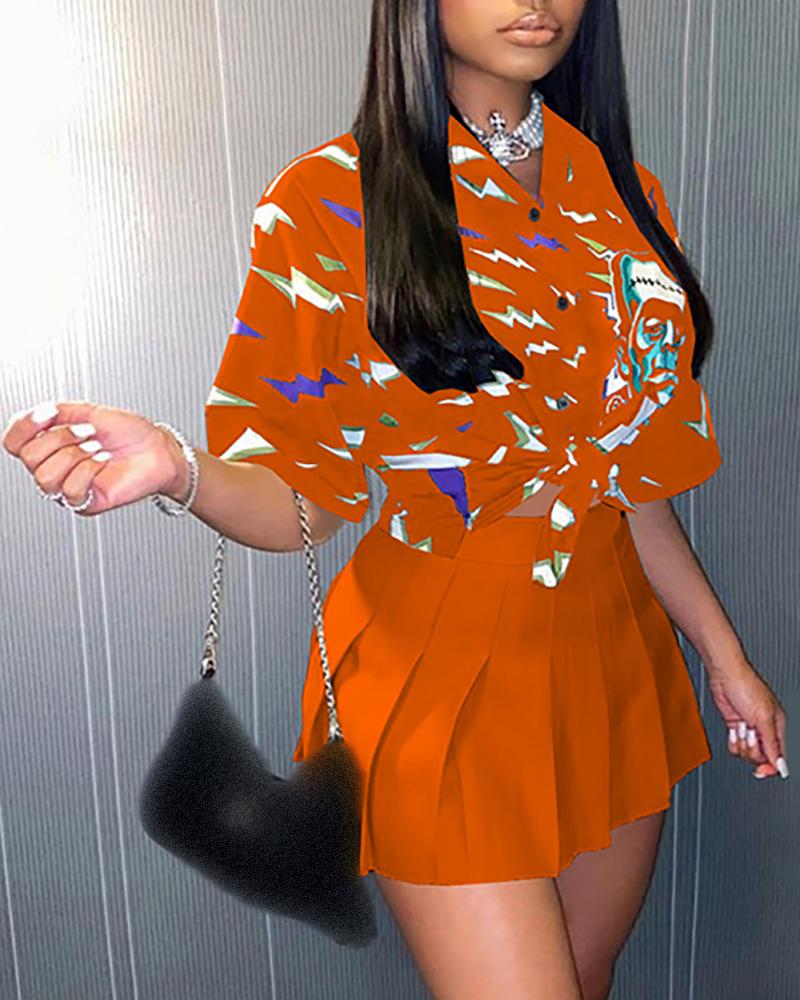 

Half Sleeve Graphic Print Shirt & Pleated Skirt Sets, Orange