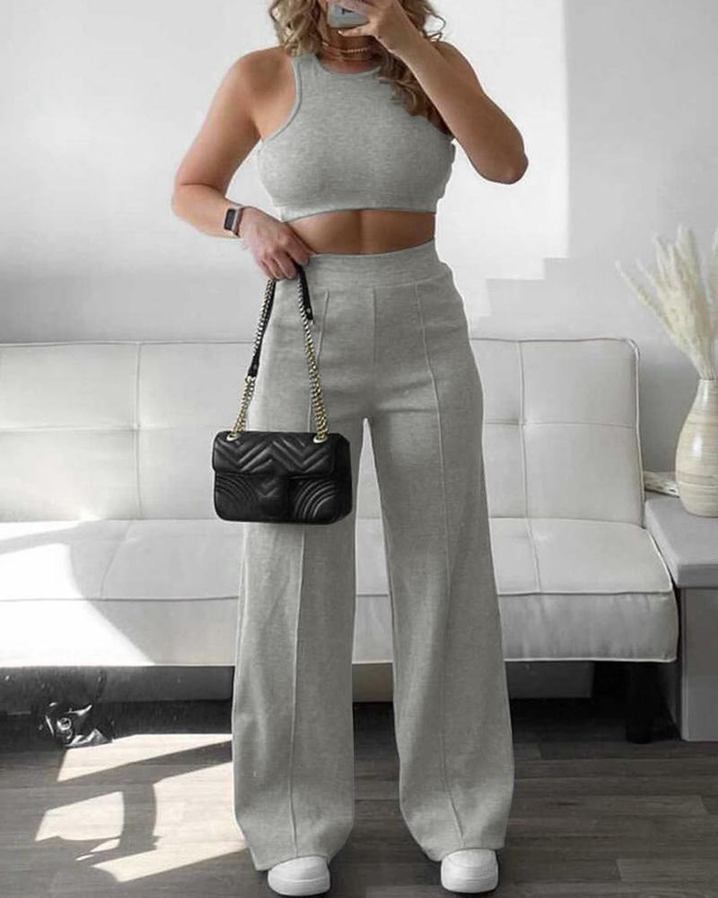 

Sleeveless Crop Top & High Waist Pants Set, Gray