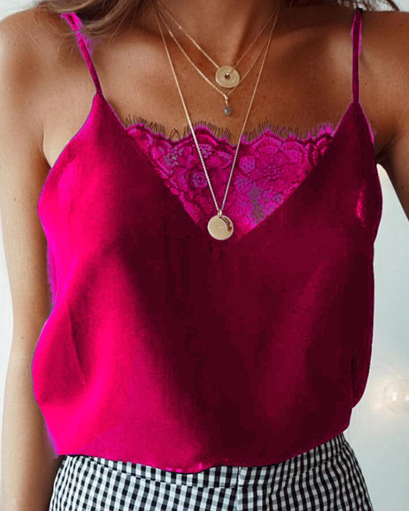 

Spaghetti Strap Eyelash Lace Cami Women Top, Hot pink