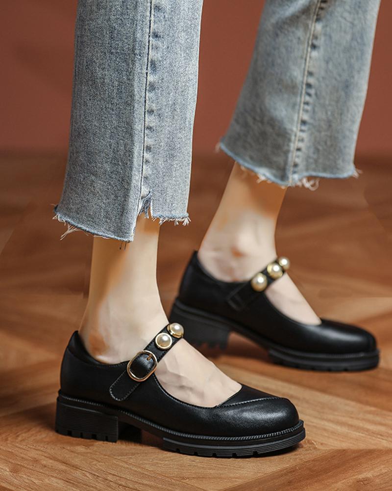 

Round-toe Solid Color Splicing Beaded Strap Jenny Shoes, Black