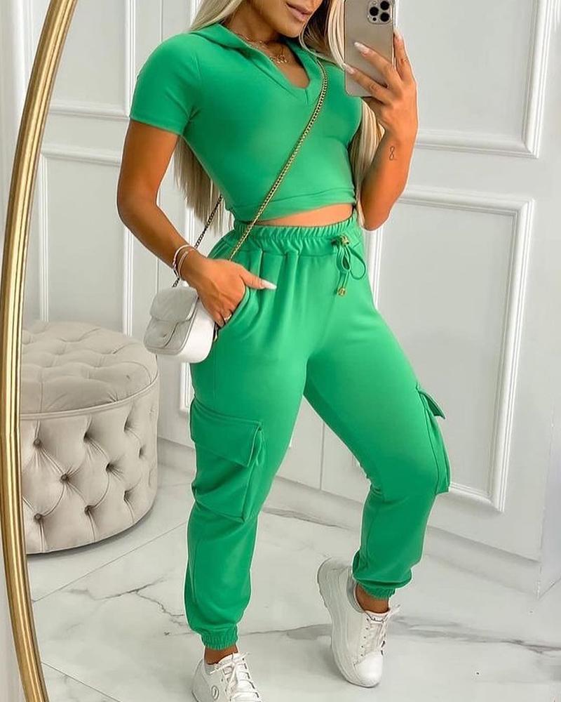 

Short Sleeve Casual Top & Drawstring Pocket Design Pants Set, Green