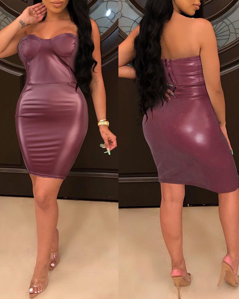 

Bandeau Bustier Zipper Design Back Bodycon Dress, Wine red