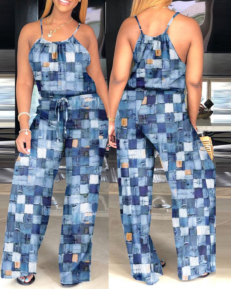 

Denim Look Print Spaghetti Strap Drawstring Jumpsuit, Blue