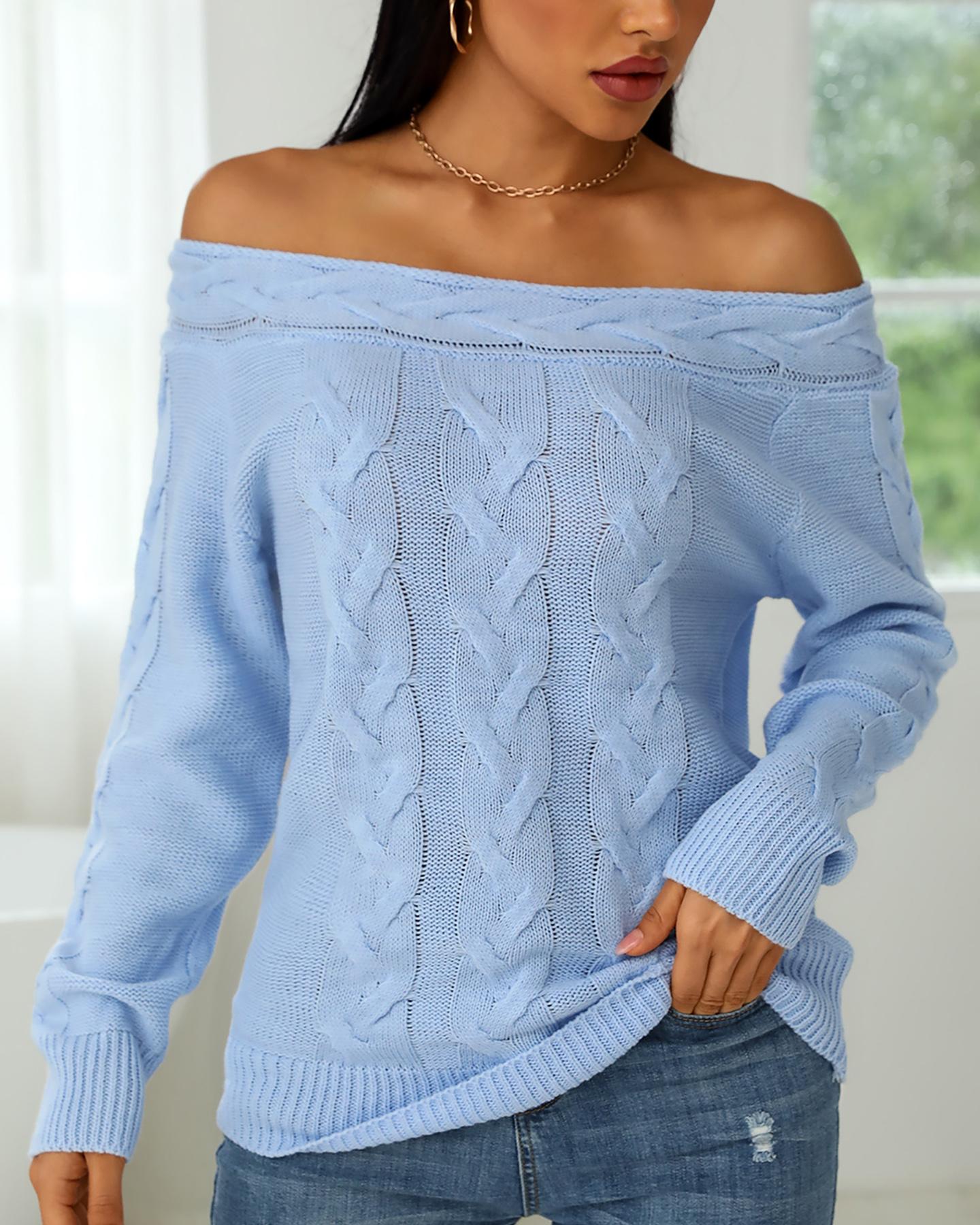 

Solid Knit Braided Long Sleeve Sweater, Blue