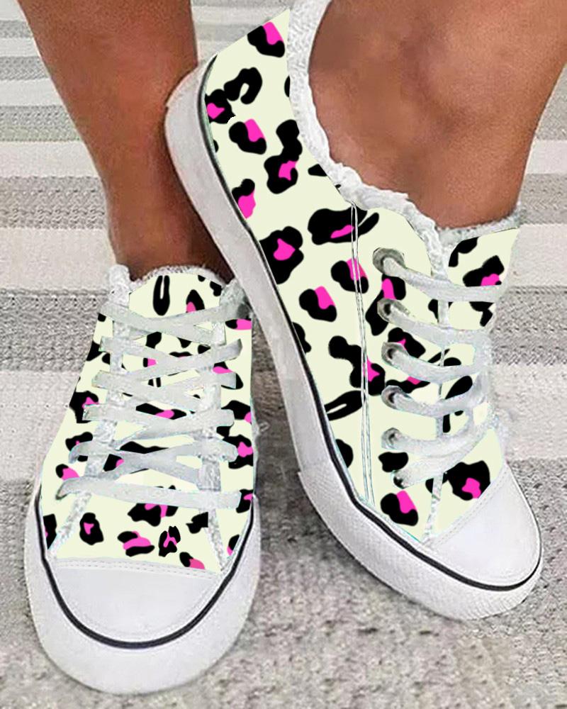 

Leopard Print Raw Hem Lace-up Canvas Sneakers, Beige