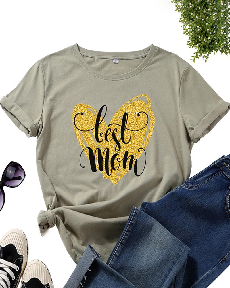 

Mother' Day Gift Short Sleeve Letter Print T-shirt, Green