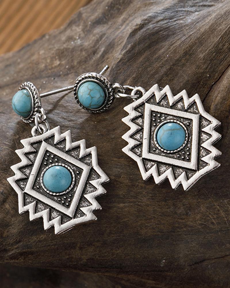

1Pair Bohemian Aztec Geometric Turquoise Drop Earrings, Silver