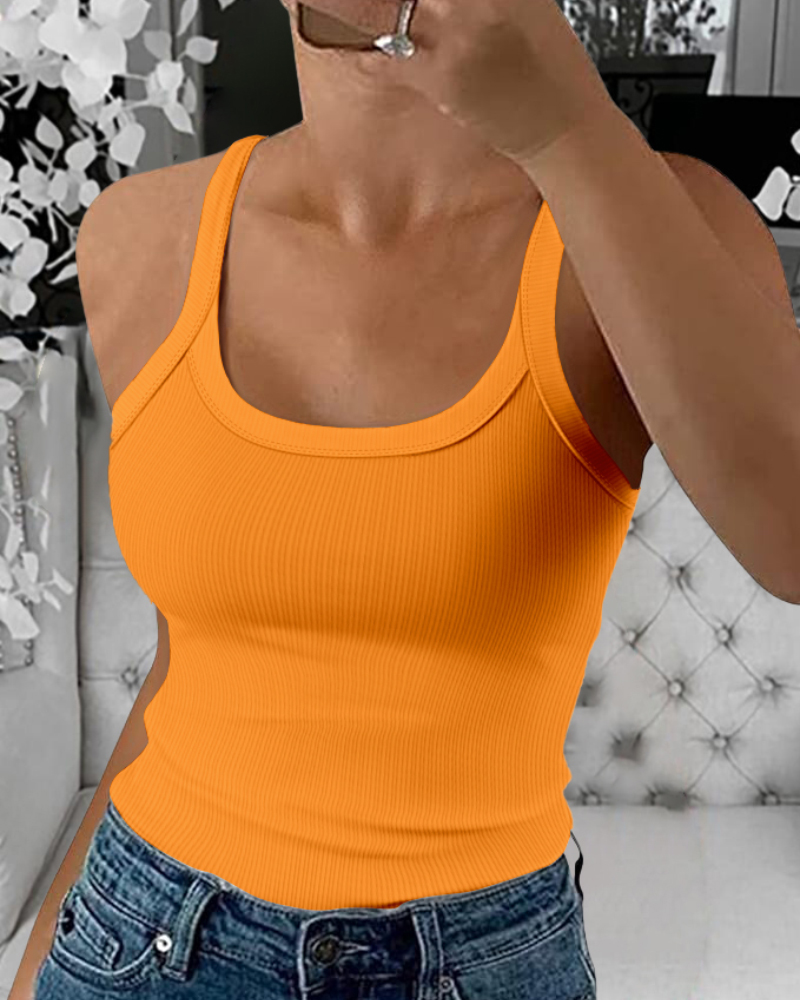 

Top canelado com decote redondo e alças finas, casual, sem mangas, slim fit, regata, Orange