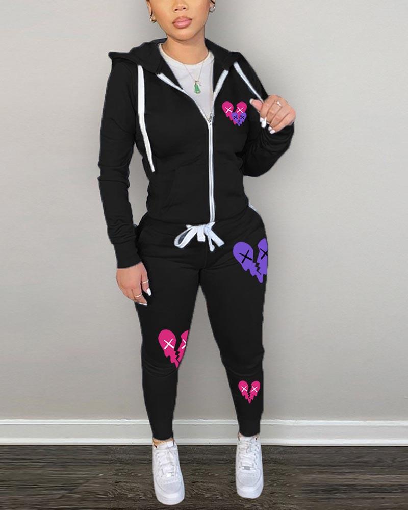 

Heart Print Hooded Zip Up Top & Pants Set, Black