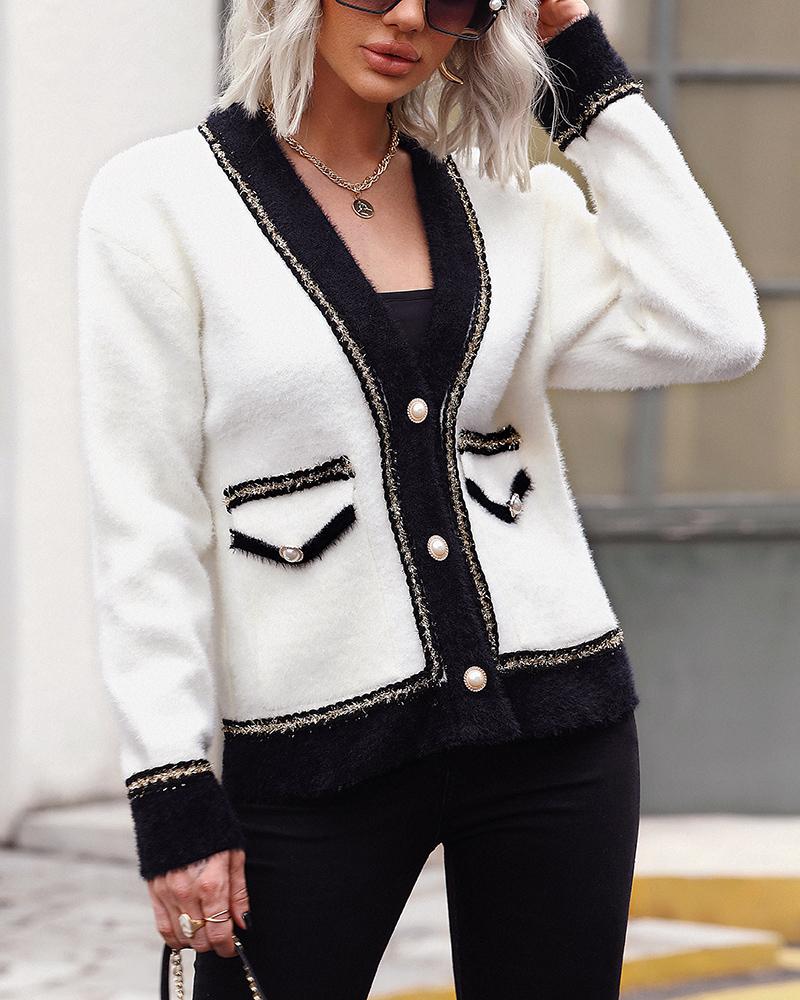 

Colorblock Button Front Tweed Coat, White
