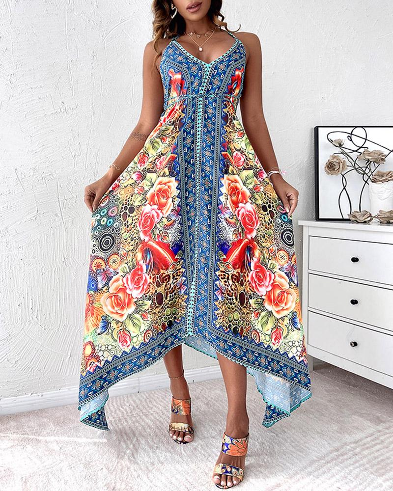 

Floral Butterfly Print Asymmetrical Cami Dress, Multicolor