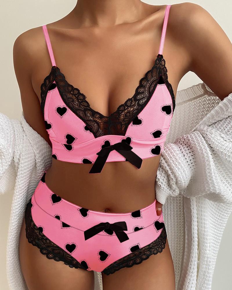 

Heart Print Bowknot Decor Contrast Lace Bra Sets, Pink