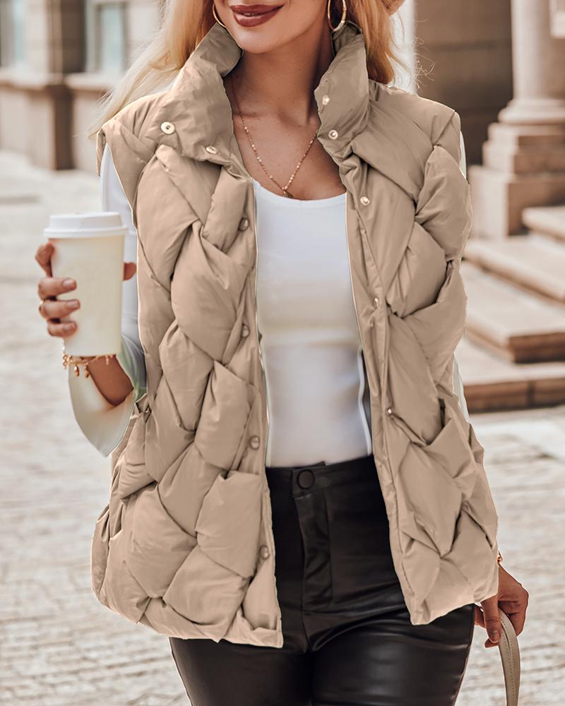 

Snap Button Quilted Vest Puffer Jacket, Khaki