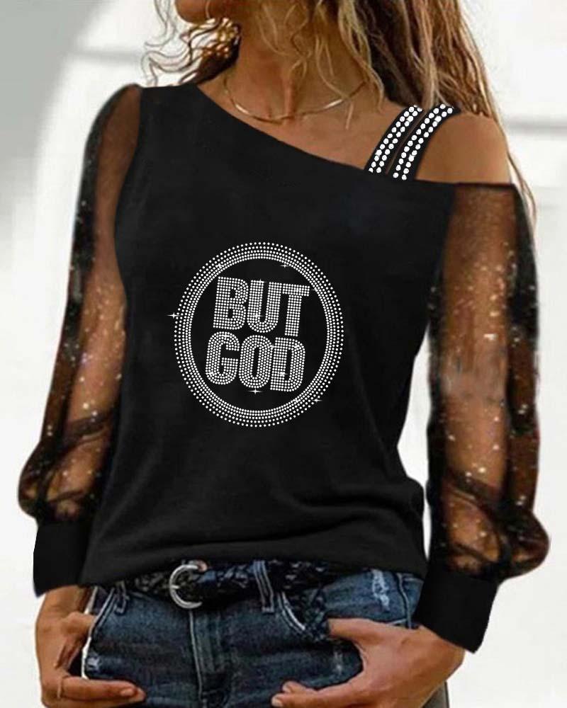 

Rhinestone Letter Pattern Contrast Mesh Cold Shoulder Top, Black