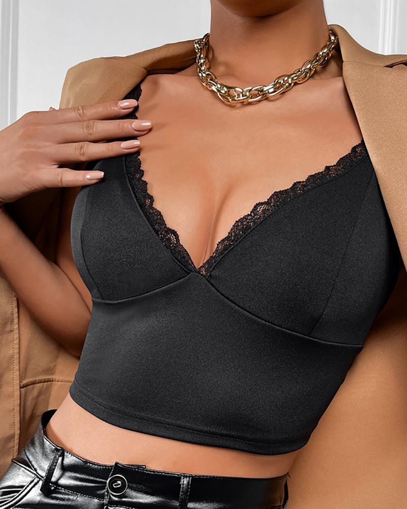 

Lace Trim Spaghetti Strap Skinny Crop Top, Black