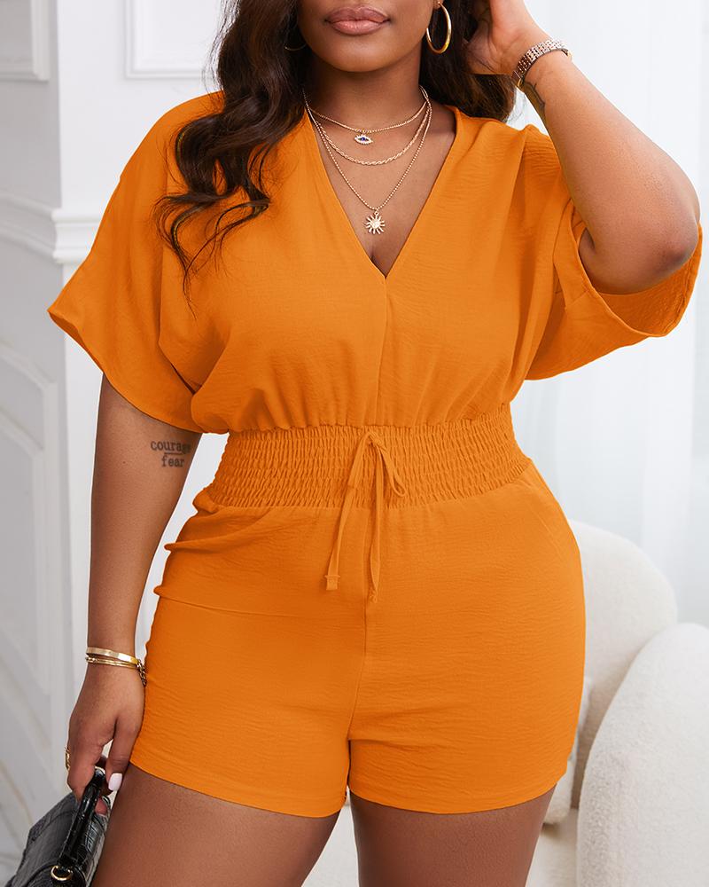 

Batwing Sleeve Shirred Waist Romper, Orange