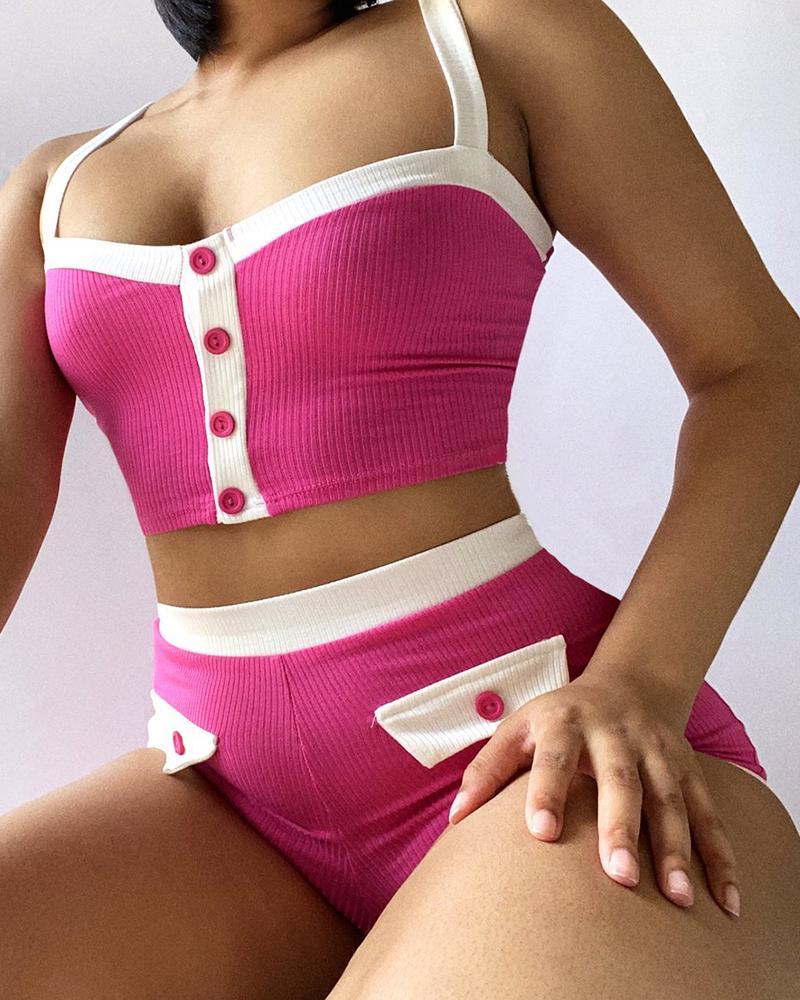 

Colorblock Buttoned Crop Top & High Waist Shorts Set, Hot pink