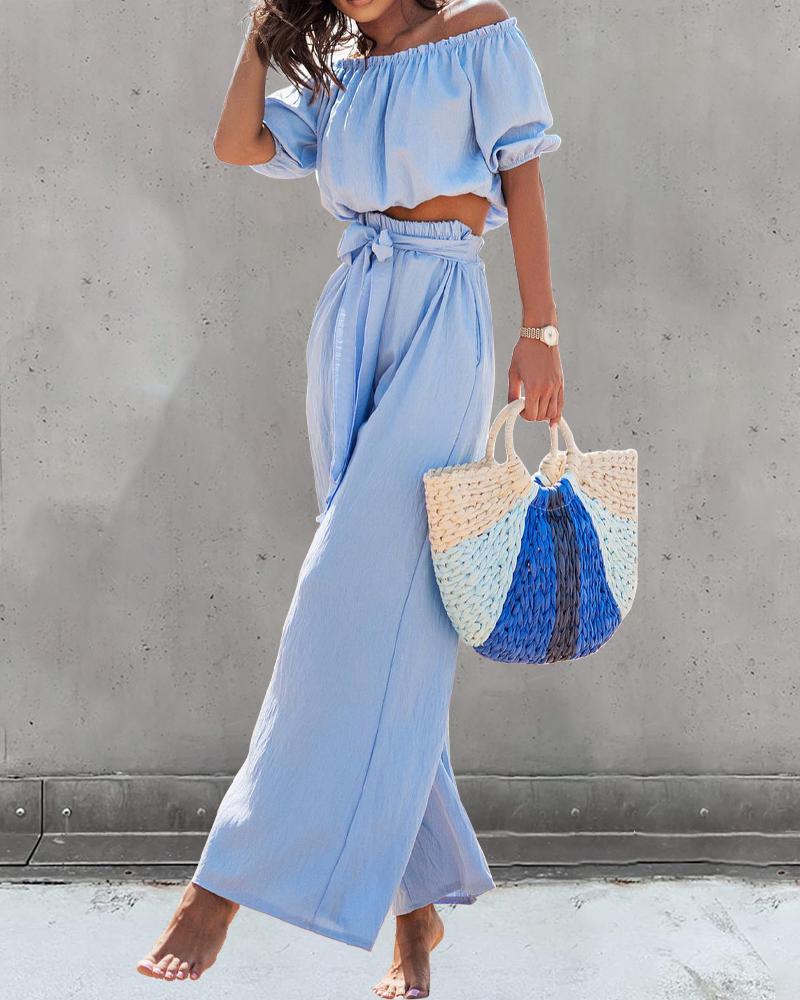 

Off Shoulder Top & Wide Leg Pants Set, Sky blue