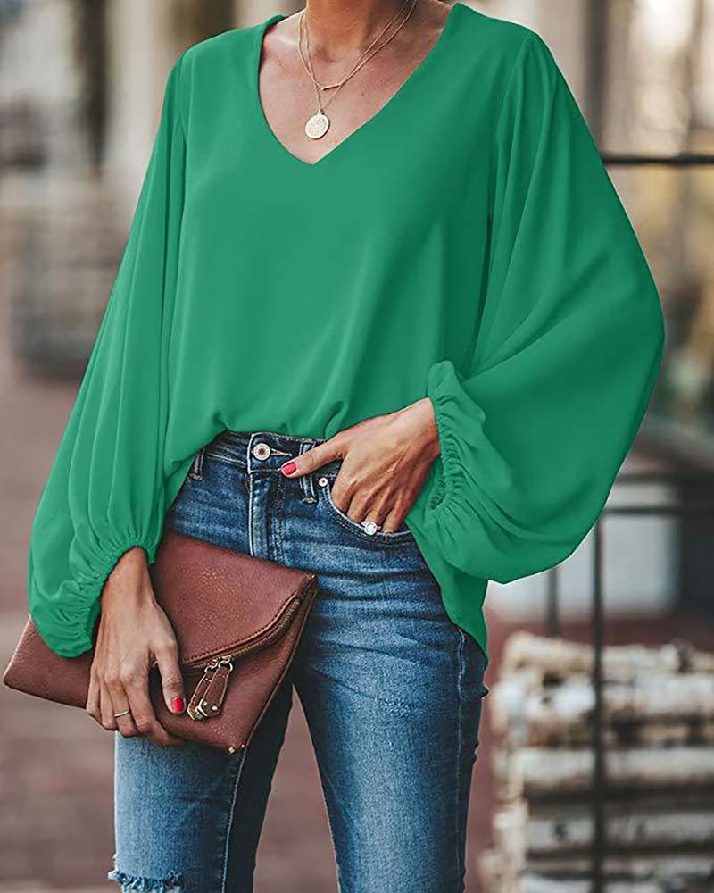 

V Neck Puff Long Sleeve Loose Blouse, Green