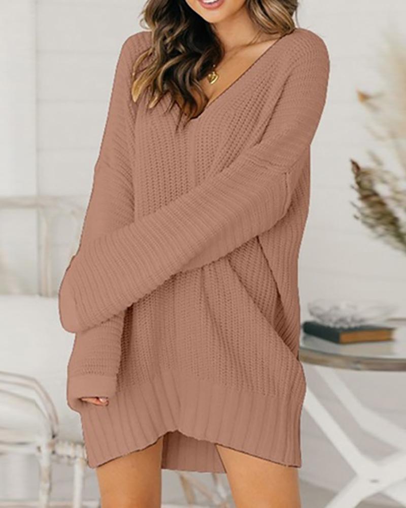 

Plain Long Sleeve Knit Sweater Dress, Khaki
