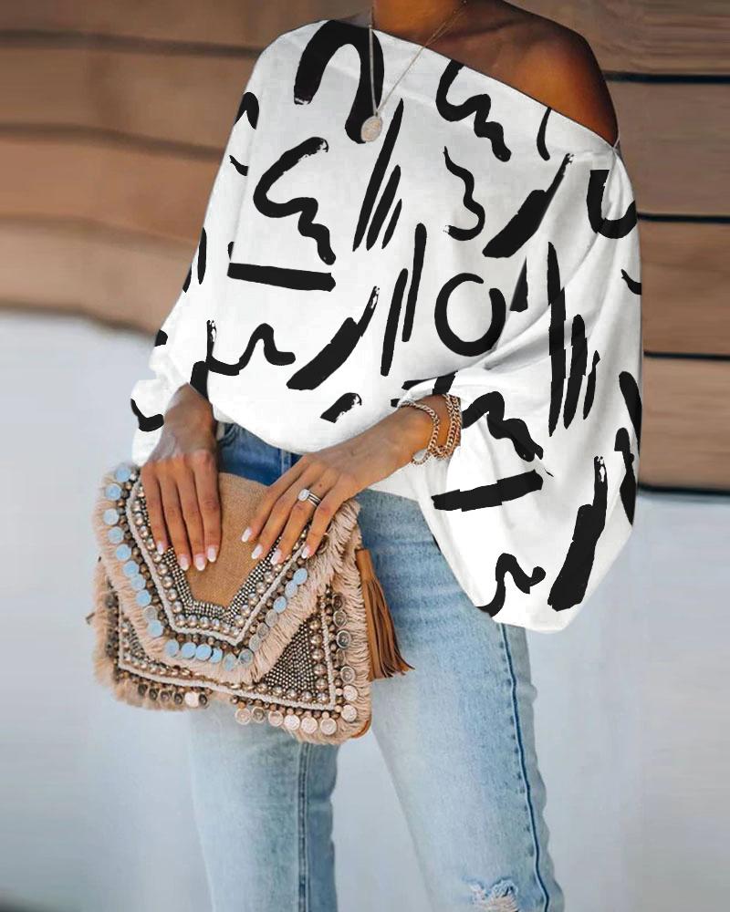 

Abstract Print Lantern Sleeve Top, Blackwhite